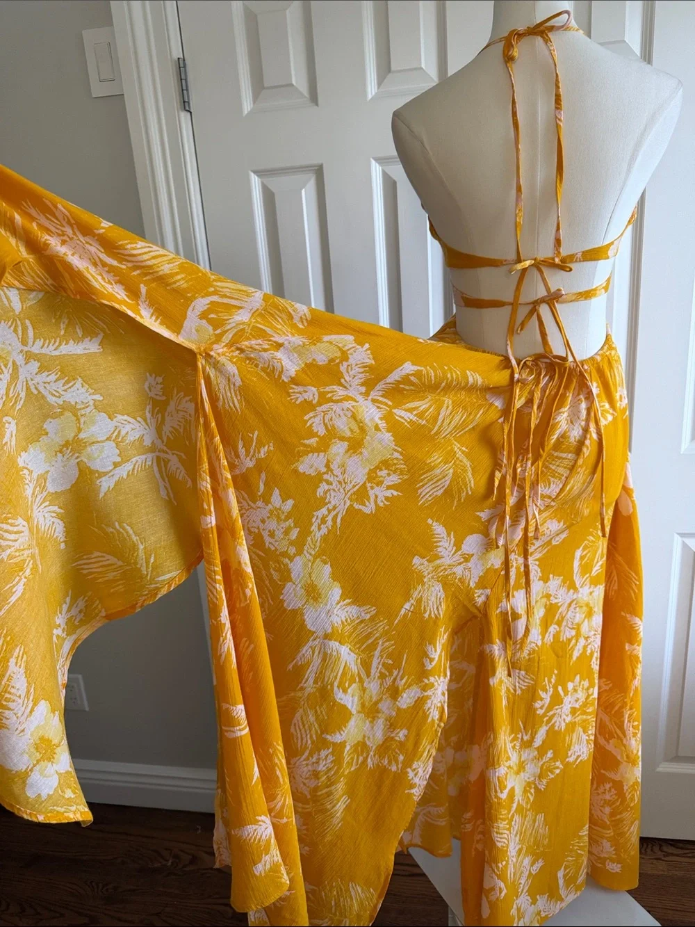 Free People Lille Halter Yellow Floral Dress Boho Open Back Side Cutouts Size S